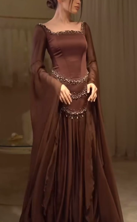 Vintage Square Neck Brown Satin Chiffon Beaded Mermaid Evening Dress Long Prom Gown D1072