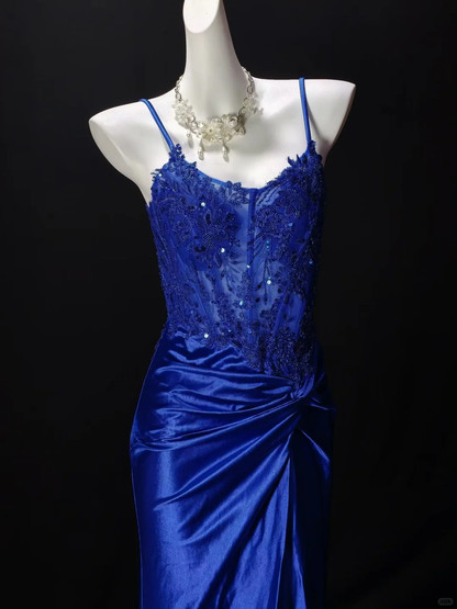 Charming Spaghetti Straps Blue Satin Appliques Mermaid Slit Evening Dress Long Wedding Guest Dress D3616