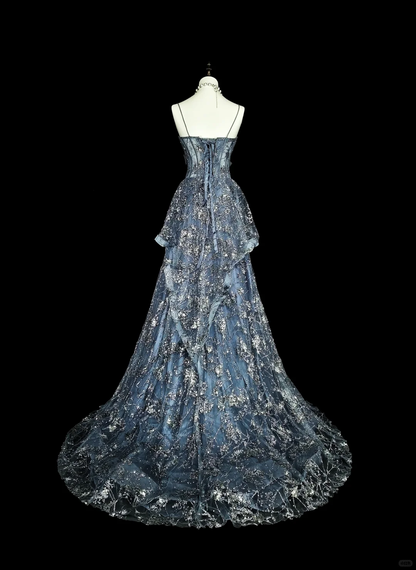 Charming Spaghetti Straps Tulle Sequin Long Prom Dress Blue Evening Dress D5383