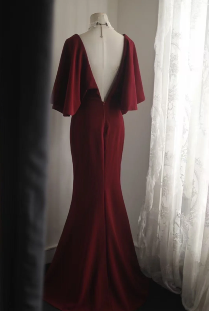 Vintage V Neck Burgundy Satin Mermaid Evening Dress Backless Long Birthday Party Dress D1272