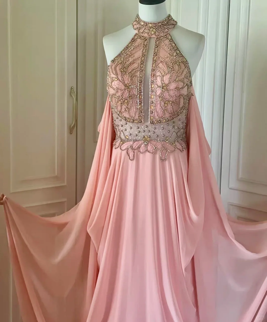 Glamorous Pink Halter Chiffon Beaded Mermaid Long Evening Dress Party Gown D3097
