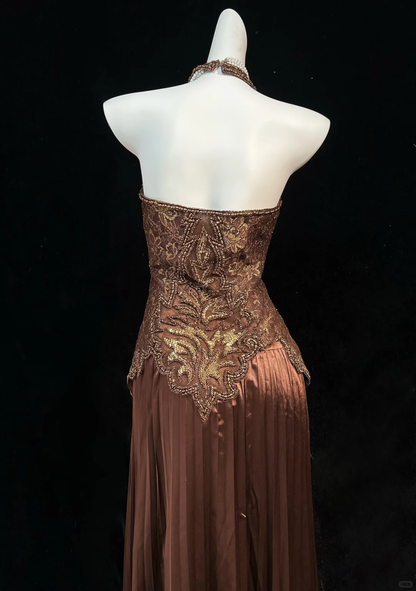 Vintage Brown Halter V Neck Satin Beaded A Line Long Evening Dress Birthday Party Dress D3120
