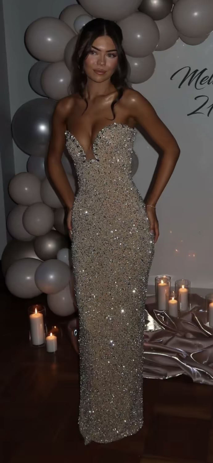 Charming Sweetheart Neck Champagne Sequin Beaded Sheath Long Party Dress Birthday Prom Dresses D4740