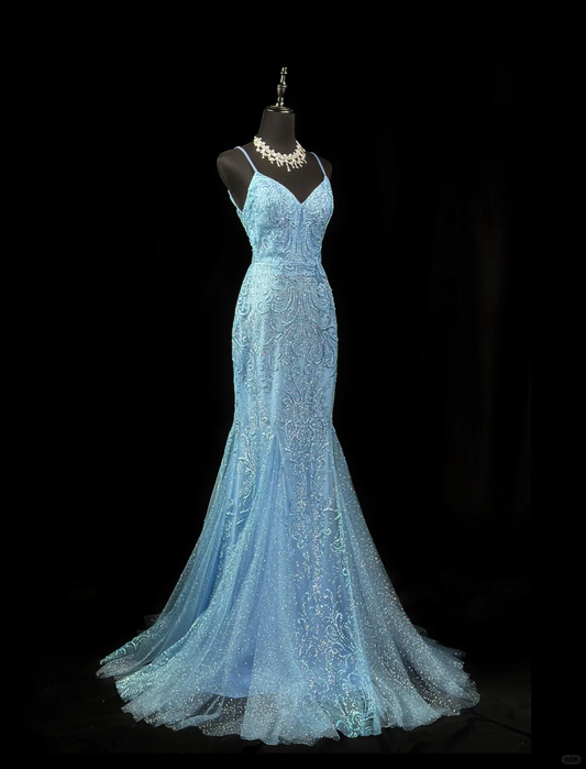 Shiny Spaghetti Straps Blue Tulle Sequin Mermaid Long Evening Dress Formal Wedding Guest Dress D2517