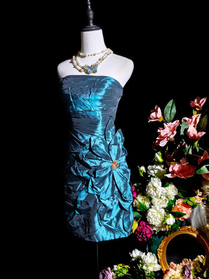 Vintage Strapless Satin Pleated Floral Short 7th Grade Homecoming Dress,Blue Sheath Mini Cocktail Dress D3153