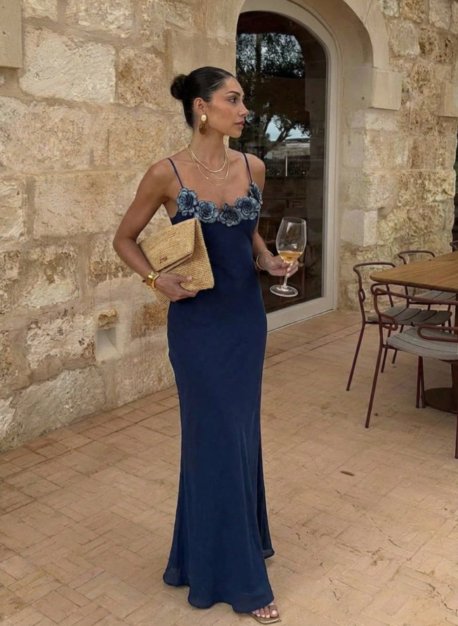 Vintage Navy Blue Spaghetti Straps Chiffon Mermaid Evening Dress 3D Flowers Long Party Gown D1030