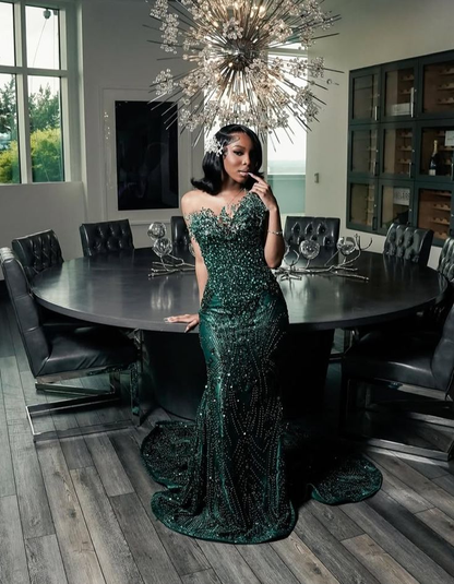 Luxury One Shoulder Satin Beaded Evening Dress Emerald Green Mermaid Prom Dress S204