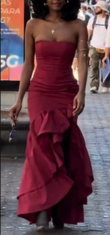 Pretty Strapless Satin Ruffles Mermaid Evening Dress Red Long Birthday Party Dress D4781