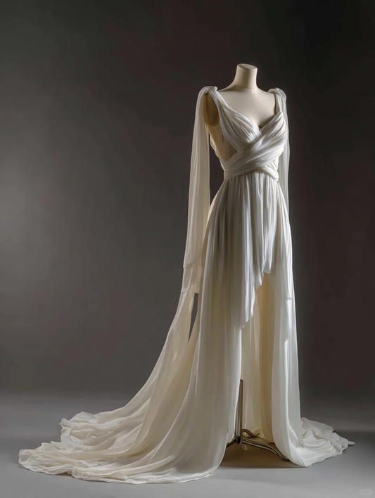 Chic V Neck Chiffon Pleated Mermaid Long Evening Dress White Birthday Party Gown D2480
