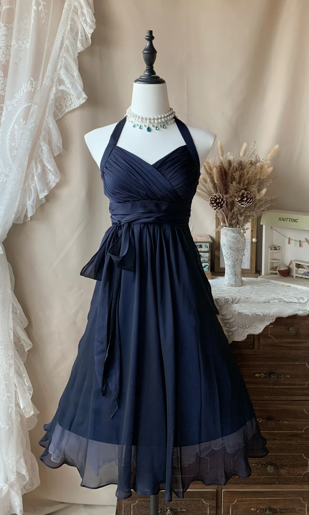 Classy Navy Blue Halter Chiffon A Line Short Homecoming Dress Birthday Outfits D3070