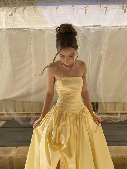 Elegant Yellow Satin Pleated Long Party Dress,Strapless Evening Gown D3449
