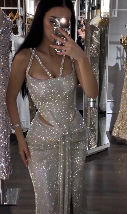 Glamorous Sequin Beaded Mermaid Slit Long Prom Dress Silver Long Party Gown D5123