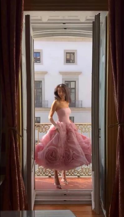 Glamorous Pink Tulle 3D Floral A Line Long Party Dress Strapless Long Evening Dress D4294