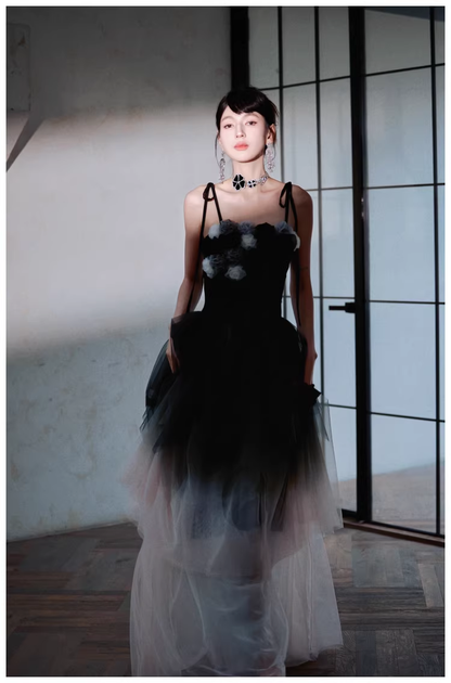 Elegant Spaghetti Straps Ombre Black Tulle Layered A Line Long Party Dress Evening Dress D2416