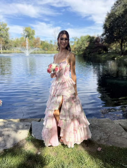 Charming Chiffon Print Floral Ruffles Layered Long Party Dress Pink Slit Long Evening Gowns With Beads D5040