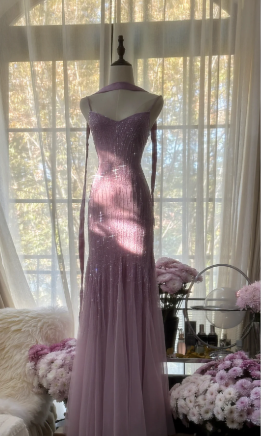 Elegant Spaghetti Straps Purple Chiffon Beaded Mermaid Long Party Dress Evening Gown D2105