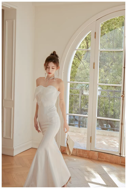 Classy White Strapless Bow Satin Mermaid Long Wedding Guest Dress Formal Evening Dress Prom Gown D2446
