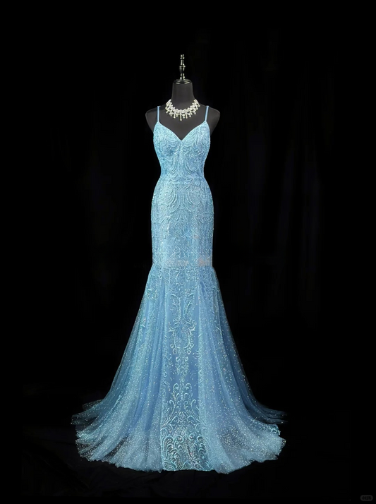 Shiny Spaghetti Straps Blue Tulle Sequin Mermaid Long Evening Dress Formal Wedding Guest Dress D2517