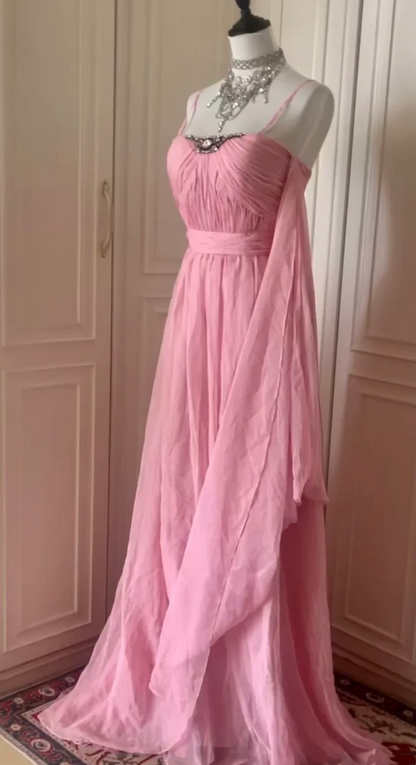 Pretty Spaghetti Straps Pink Chiffon Pleated Beaded Mermaid Long Evening Dress Prom Dress D3099