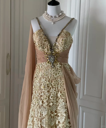 Vintage Spaghetti Straps Lace Chiffon Beaded Mermaid Evening Dress Long Prom Gown D3100