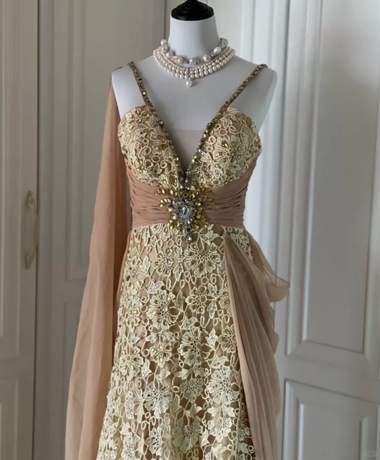 Vintage Spaghetti Straps Lace Chiffon Beaded Mermaid Evening Dress Long Prom Gown D3100