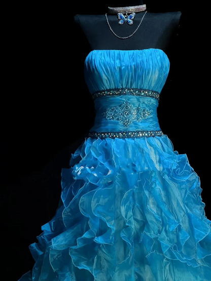 Vintage Ball Gown Strapless Blue Organza Ruffles Long Prom Dresses Party Dress D4463