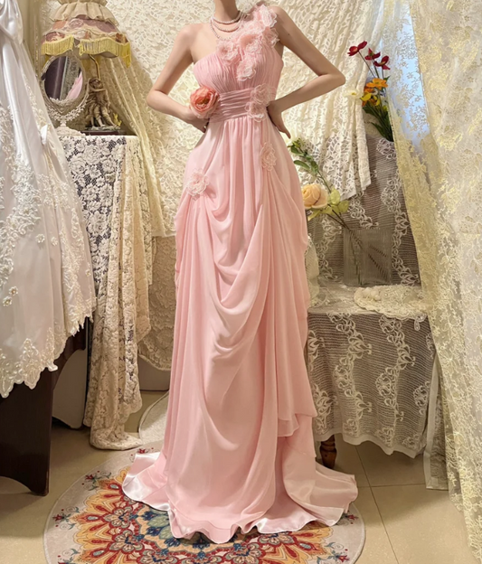 Classy Pink One Shoulder Chiffon Pleated Appliques Long Party Dress Prom Dress Formal Wedding Guest Dress D2114