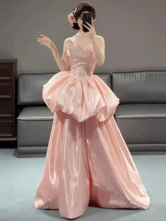 Cute Pink Strapless Satin Pleated Layered Long Prom Dress Evening Dresses D2499