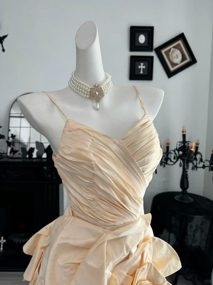 Cute Spaghetti Strap Satin Pleated Floral Short Homecoming Dress Birthday Dress D4609