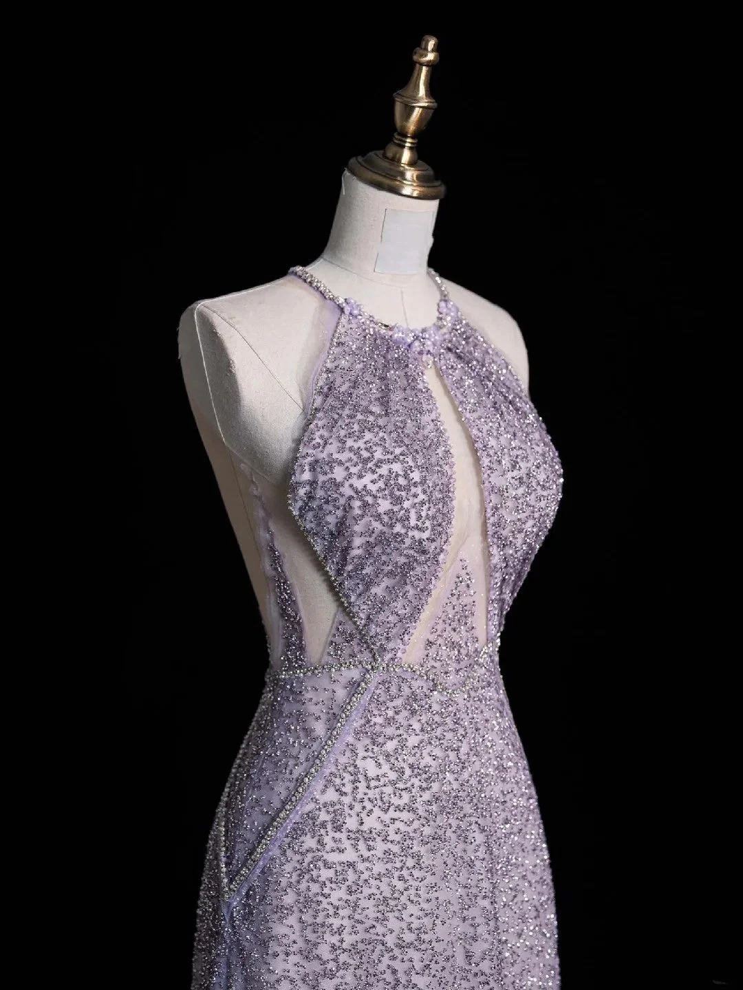 Shiny Halter Sleeveless Tulle Sequin Beaded Mermaid Evening Dress Lilac Long Party Dress D4855