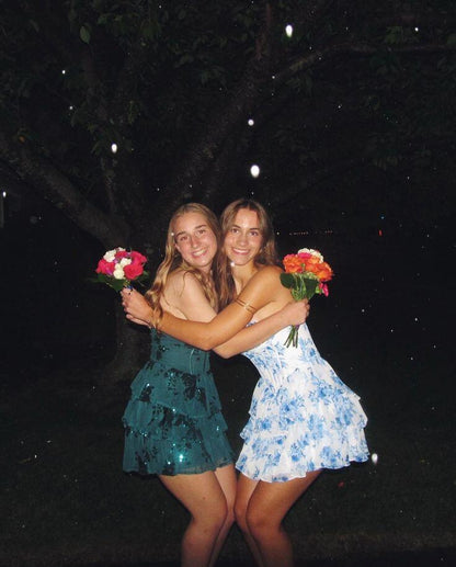 Classy Blue Chiffon Printed Floral Short 9th Grade Homecoming Dress,Sweetheart Neck A Line Mini Birthday Dress D3467