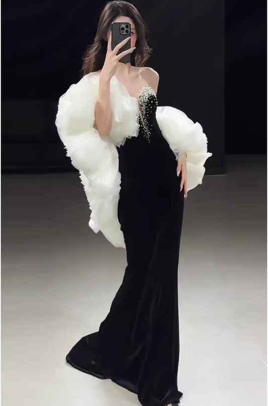 Gorgeous Strapless Black Velvet Beaded Mermaid Long Prom Dress Birthday Party Dress D2217