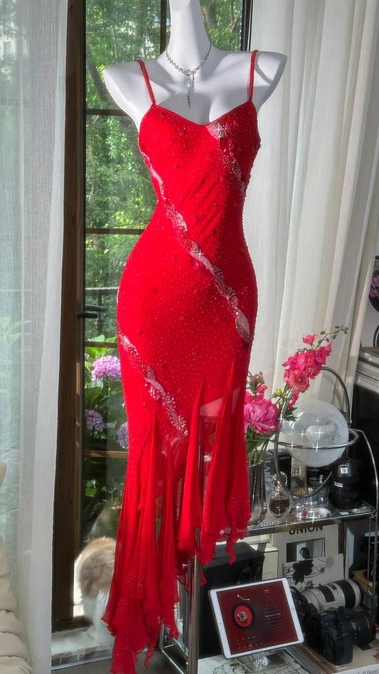 Charming Spaghetti Straps Red Chiffon Beaded Sheath Prom Dress Evening Gown D1162