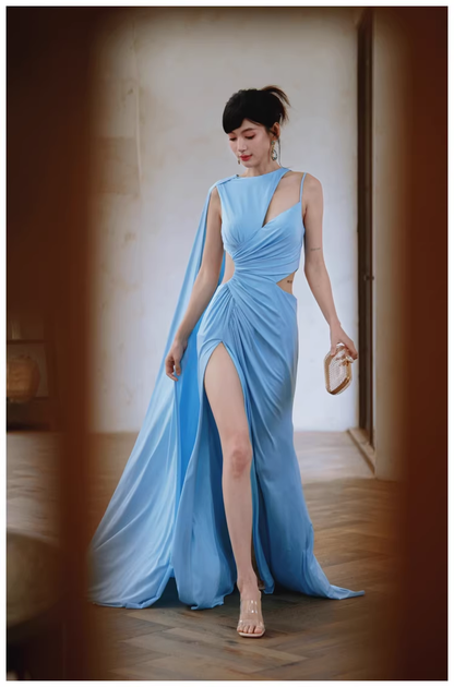 Sexy Blue Satin Slit Mermaid Long Prom Dress Evening Dresses D2459