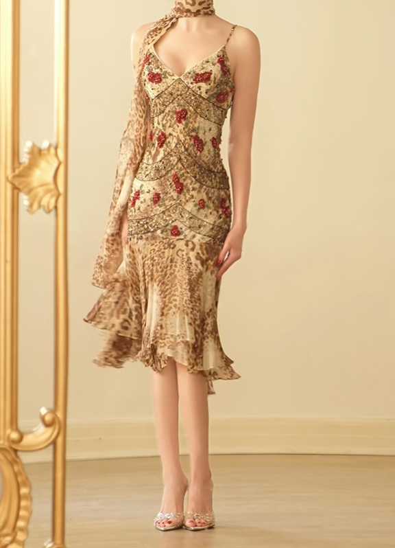 Vintage Spaghetti Straps Leopard Print Beaded Chiffon Mermaid Prom Dress Evening Dress With Scarf D2751