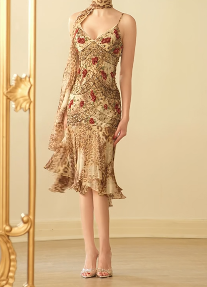 Vintage Spaghetti Straps Leopard Print Beaded Chiffon Mermaid Prom Dress Evening Dress With Scarf D2751