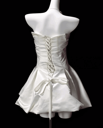 Cute White Strapless Satin A Line Short Homecoming Dress Cocktail Dress D4023