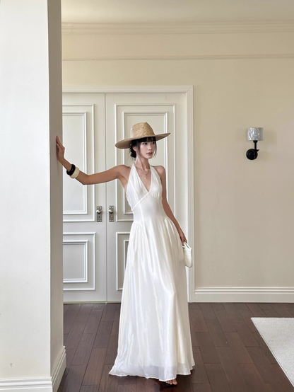 Sexy Halter V Neck White A Line Long Party Dress Formal Evening Gown D2121