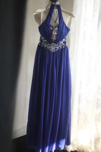 Stylish Halter Royal Blue Chiffon Beaded Long Evening Dress Formal Wedding Guest Dress Prom Gown D2201