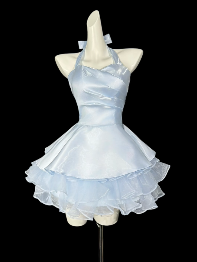 Pretty Halter Blue Satin Tulle A Line Short Homecoming Dress Birthday Outfits D4160