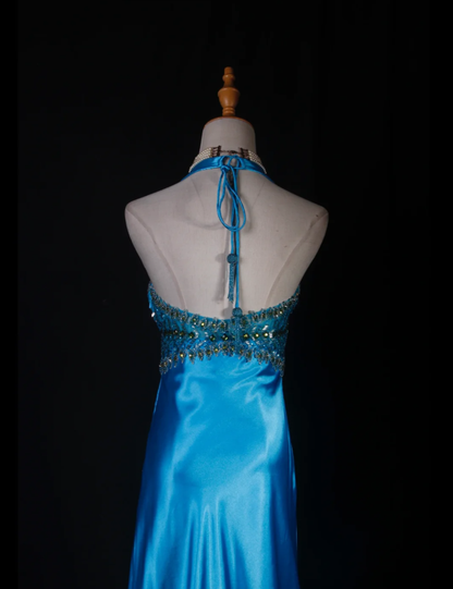 Elegant Halter V Neck Satin Beaded Prom Dress Blue Mermaid Slit Long Party Gowns D2241