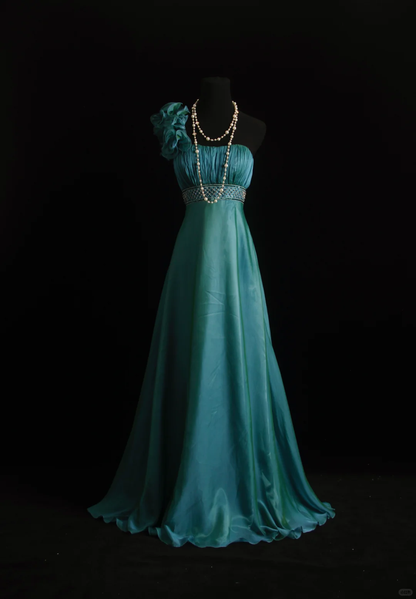 Unique Pine Green Satin Beaded Long Wedding Guest Dress,One Shoulder Birthday Party Dress D2859
