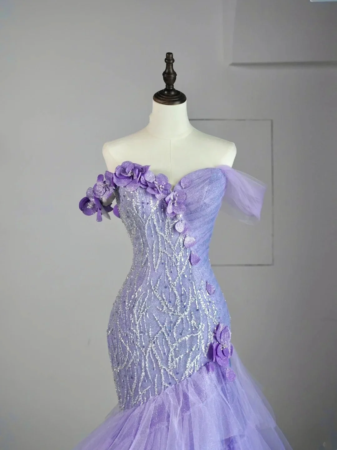 Glamorous Off The Shoulder Lilac Tulle Sequin Beaded Mermaid Long Evening Dress Party Gown D4525