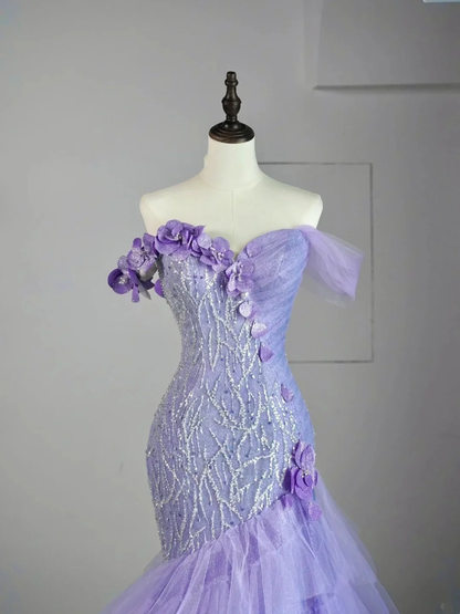 Glamorous Off The Shoulder Lilac Tulle Sequin Beaded Mermaid Long Evening Dress Party Gown D4525