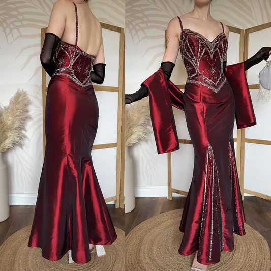 Vintage Spaghetti Straps Satin Beaded Burgundy Mermaid Evening Dress Prom Gown D1324