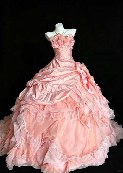 Charming Strapless Coral Orange Satin Tulle Ruffles Quinceanera Dress Sweet 16 Dress D5233