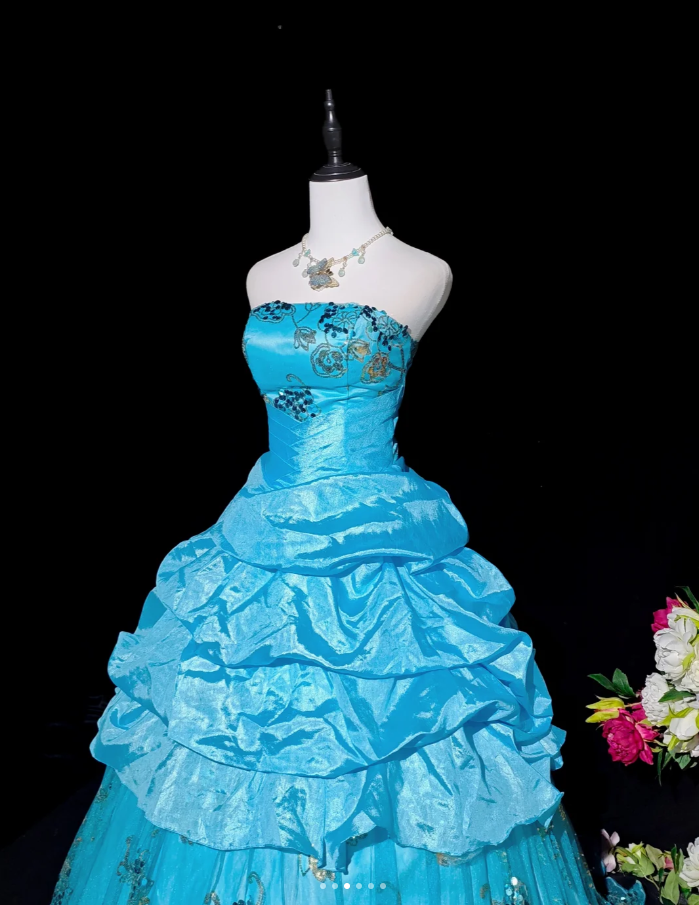 Gorgeous Strapless Quinceanera Dress Blue Satin Tulle Sequin Floral Ball Gown Sweet 16 Dress D2360