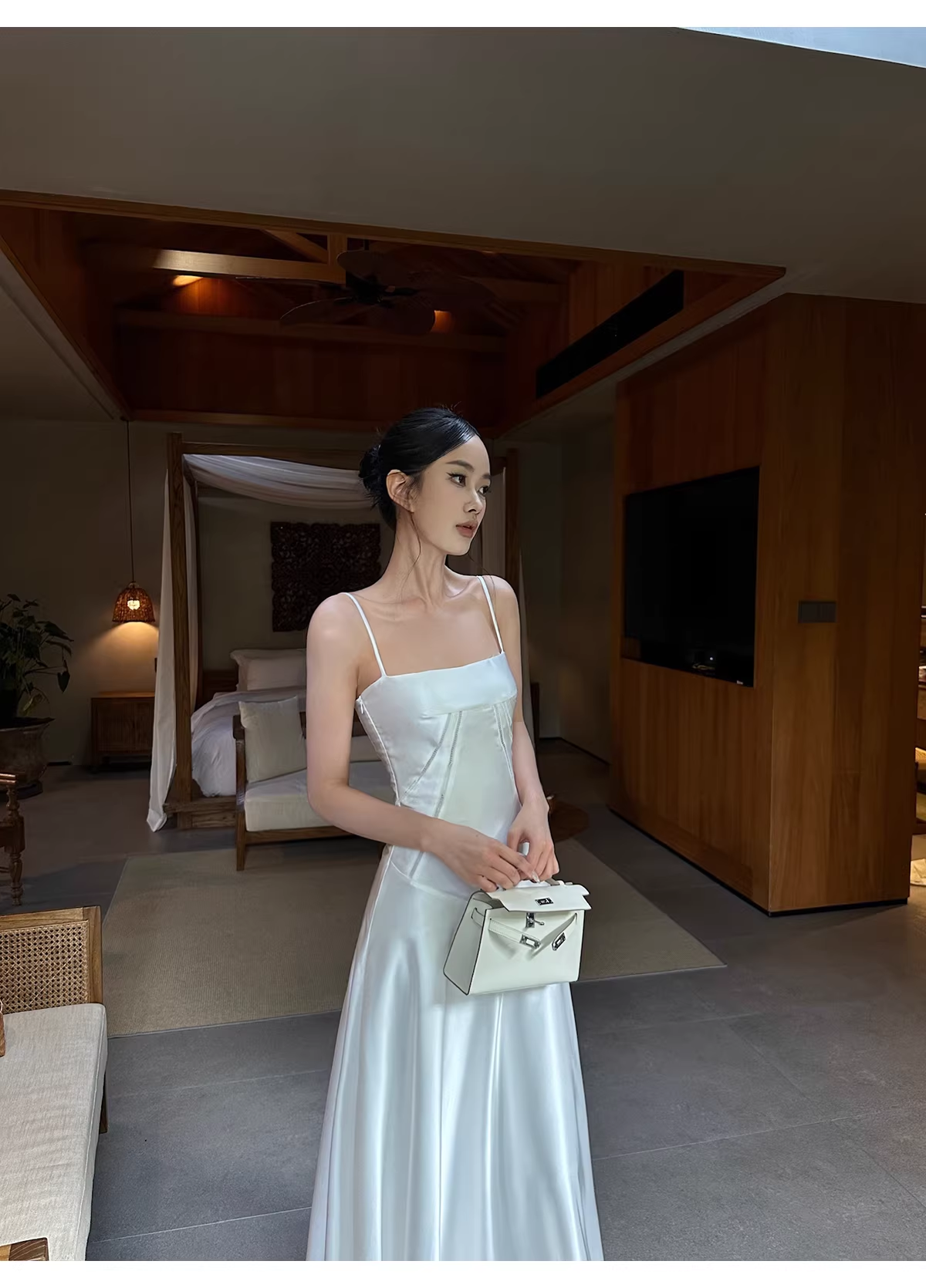 Classy Spaghetti Straps White Satin A Line Long Birthday Evening Dress Formal Wedding Guest Dress D2128