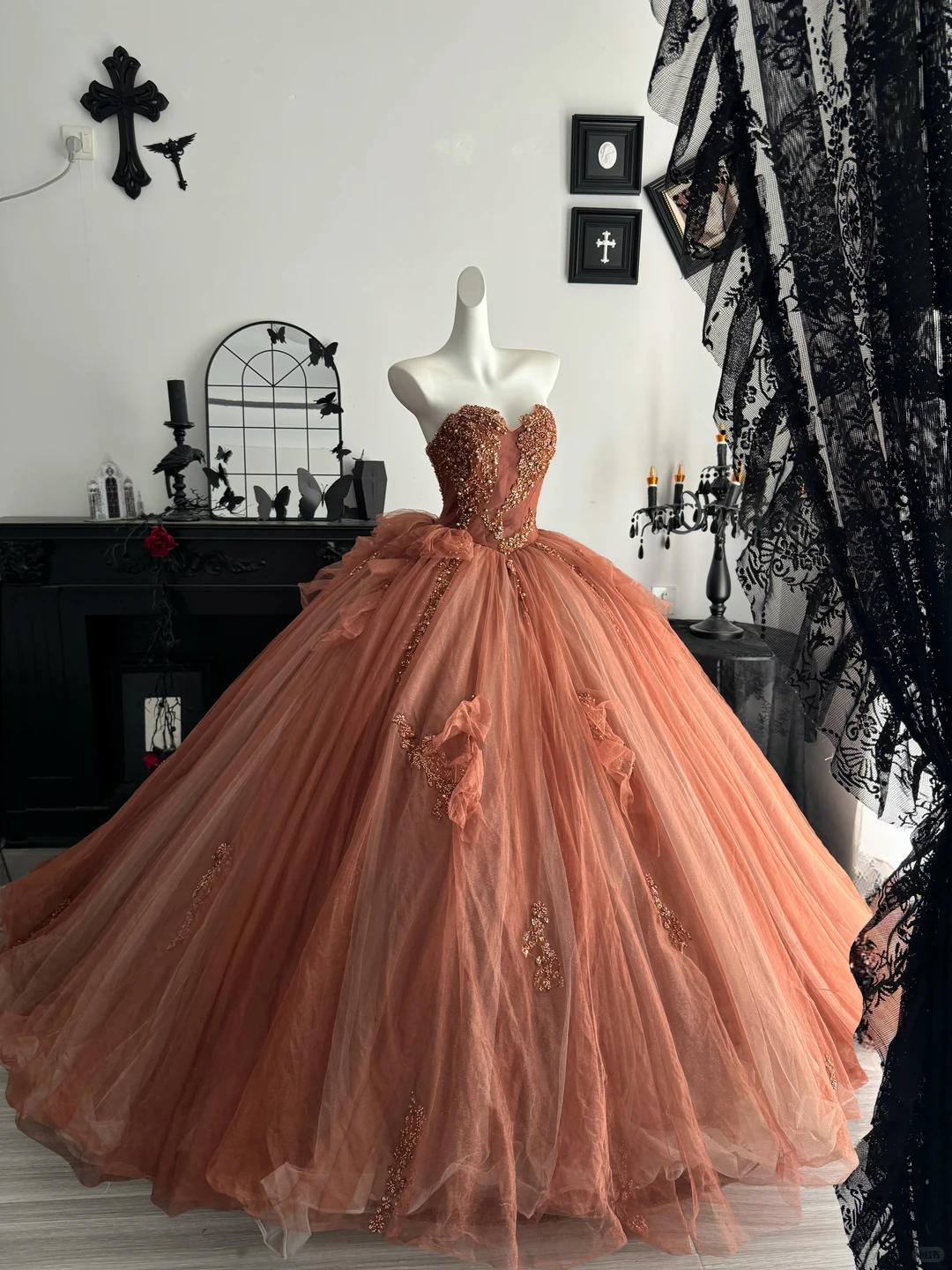 Retro Caramel Strapless Tulle Beaded Long Birthday Quinceanera Dress Sweet 16 Dress D4713
