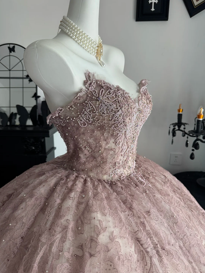 Charming Pink Tulle Lace Beaded Sweet 15 Dress,Sweetheart Neck Quinceanera Dress D3695